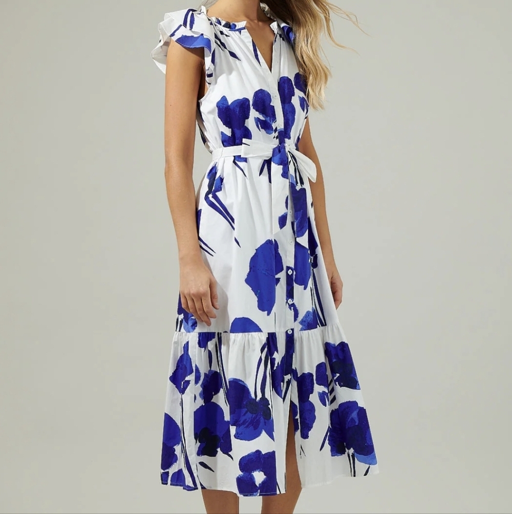 Sugarlips White Midi Dress with Bold Blue Floral Print